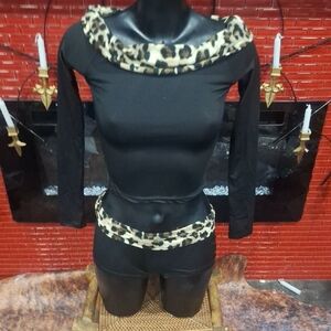 Black Long Sleeve Top with Leopard Print Accents